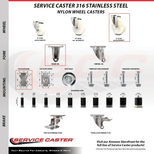 5 Inch 316SS Nylon Wheel Rigid Top Plate Caster